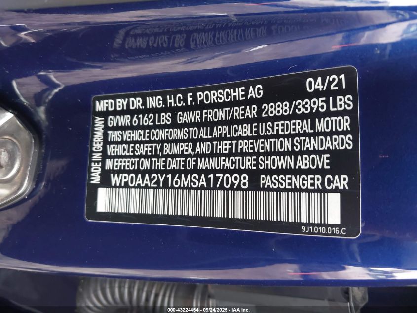 2021 Porsche Taycan VIN: WP0AA2Y16MSA17098 Lot: 43224454