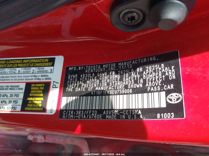 2014 Toyota Camry Se VIN: 4T1BF1FK0EU759006 Lot: 43224467