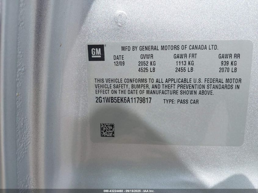 2010 Chevrolet Impala Lt VIN: 2G1WB5EK6A1179817 Lot: 43224468