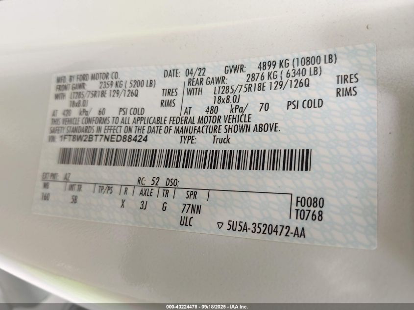 2022 Ford F-250 Lariat VIN: 1FT8W2BT7NED88424 Lot: 43224478