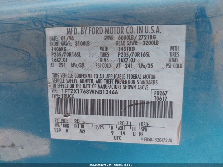 1998 Ford F-150 Lariat/Standard/Xl/Xlt VIN: 1FTZX1768WNB13466 Lot: 43224477