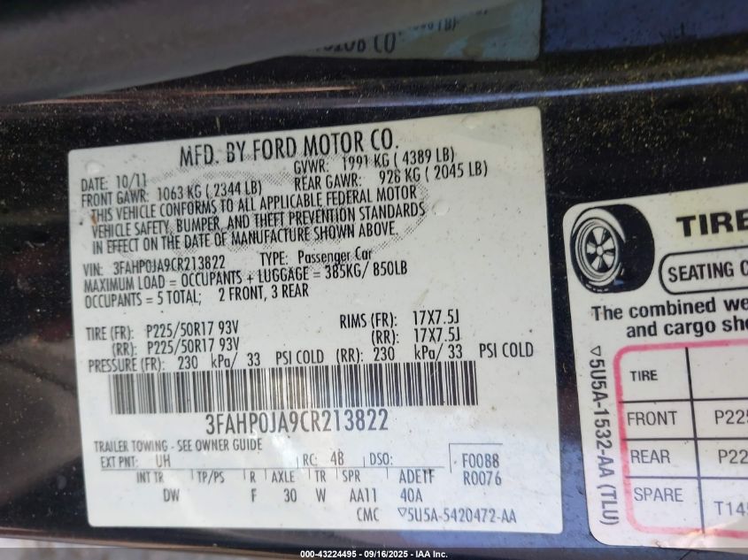 2012 Ford Fusion Sel VIN: 3FAHP0JA9CR213822 Lot: 43224495