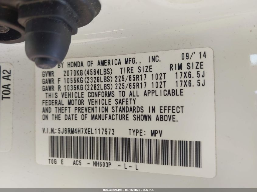 2014 Honda Cr-V Ex-L VIN: 5J6RM4H7XEL117573 Lot: 43224498