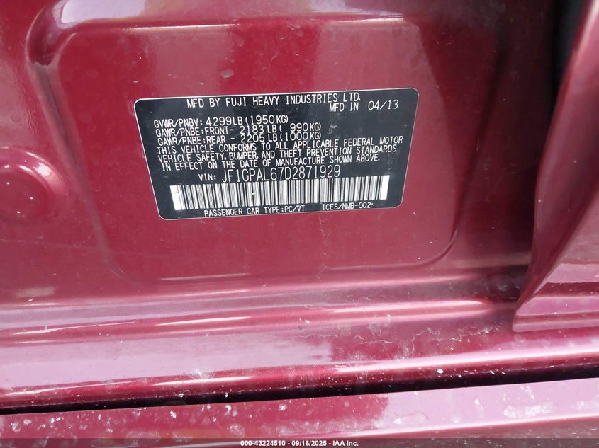 2013 SUBARU IMPREZA 2.0I SPORT PREMIUM JF1GPAL67D2871929