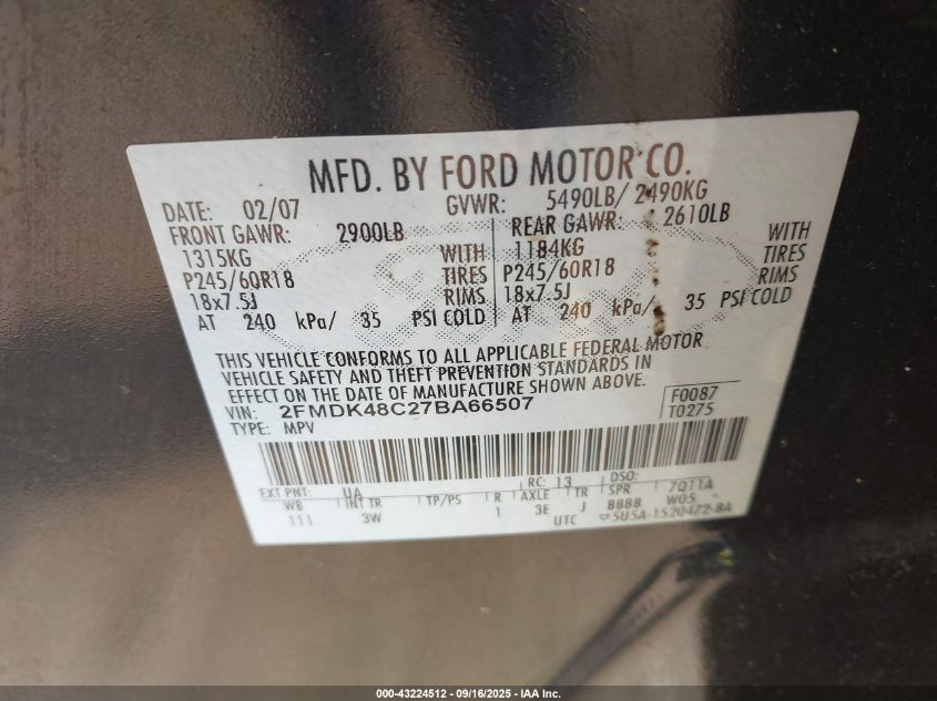 2007 Ford Edge Sel VIN: 2FMDK48C27BA66507 Lot: 43224512