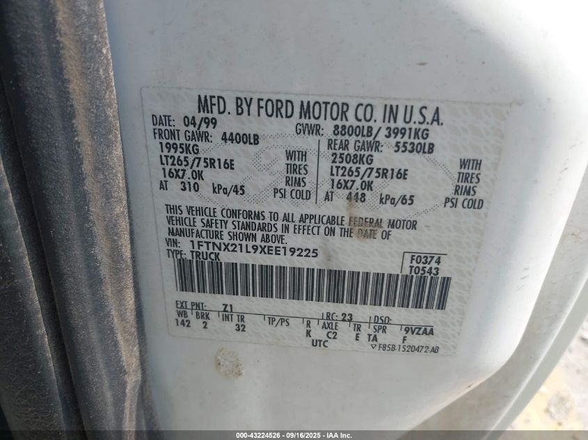 1999 Ford F-250 Lariat/Xl/Xlt VIN: 1FTNX21L9XEE19225 Lot: 43224526
