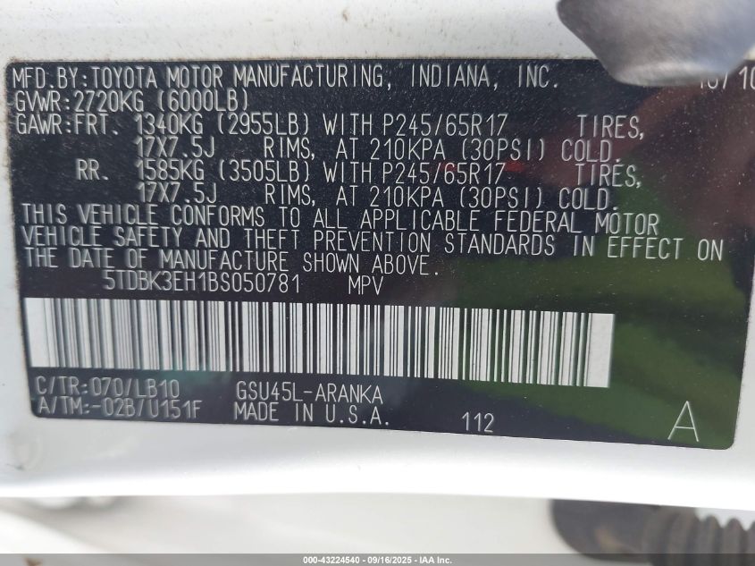 2011 Toyota Highlander Se V6 VIN: 5TDBK3EH1BS050781 Lot: 43224540