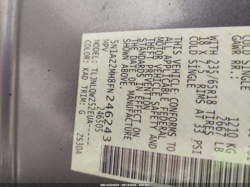 2015 Nissan Murano Sv VIN: 5N1AZ2MH8FN246243 Lot: 43224539