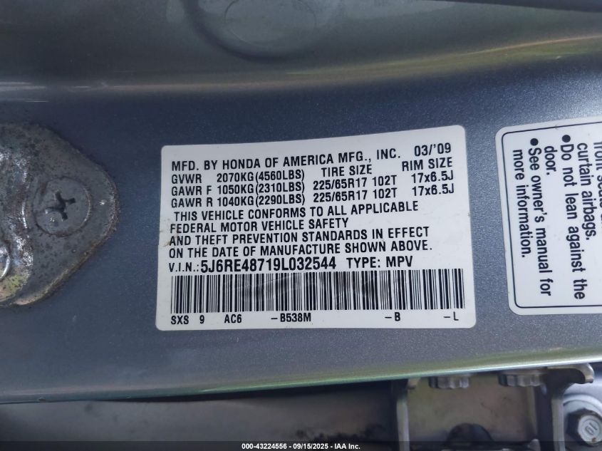 2009 Honda Cr-V Ex-L VIN: 5J6RE48719L032544 Lot: 43224556