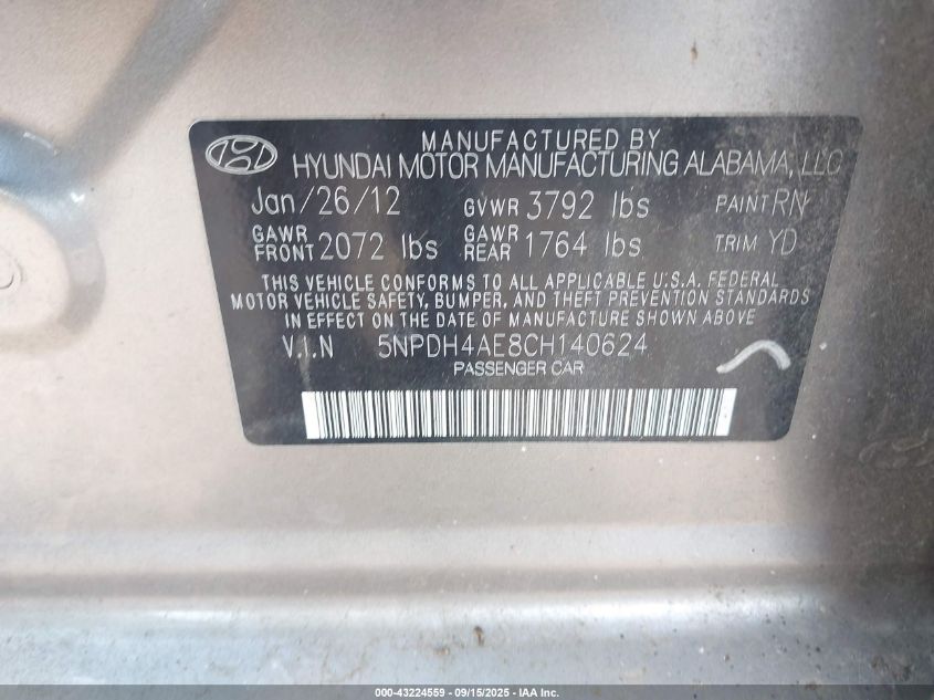 2012 Hyundai Elantra Gls VIN: 5NPDH4AE8CH140624 Lot: 43224559