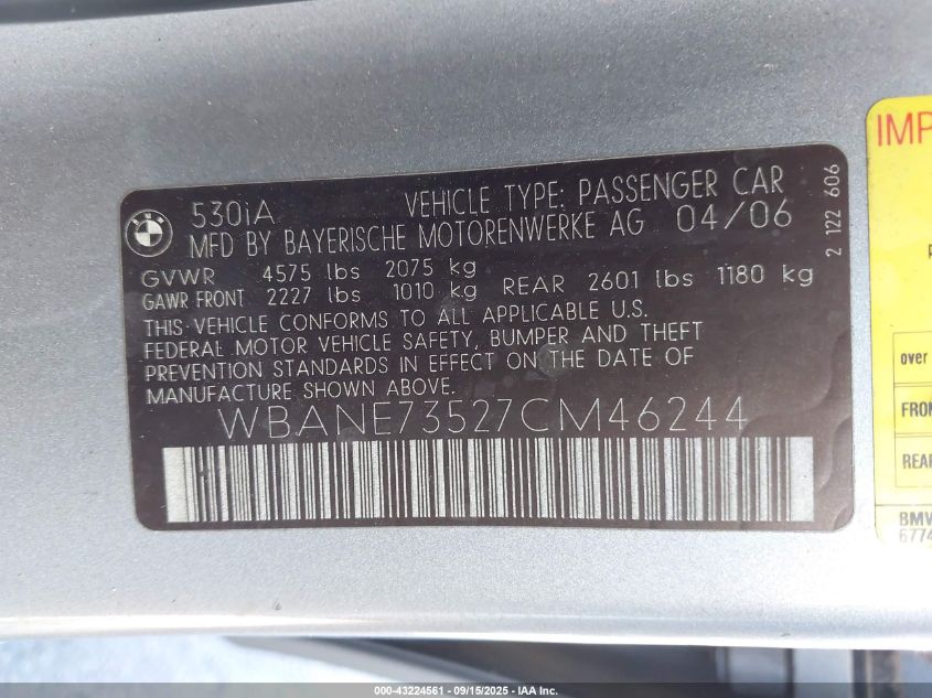2007 BMW 530I VIN: WBANE73527CM46244 Lot: 43224561