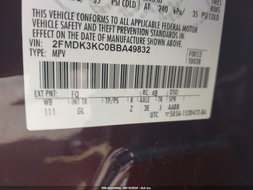 2011 Ford Edge Limited VIN: 2FMDK3KC0BBA49832 Lot: 43224584