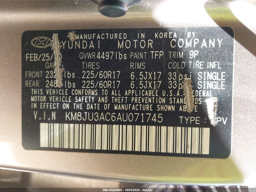 2010 Hyundai Tucson Gls VIN: KM8JU3AC6AU071745 Lot: 43224589