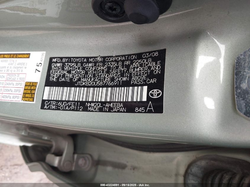 2008 Toyota Prius VIN: JTDKB20U587766911 Lot: 43224591