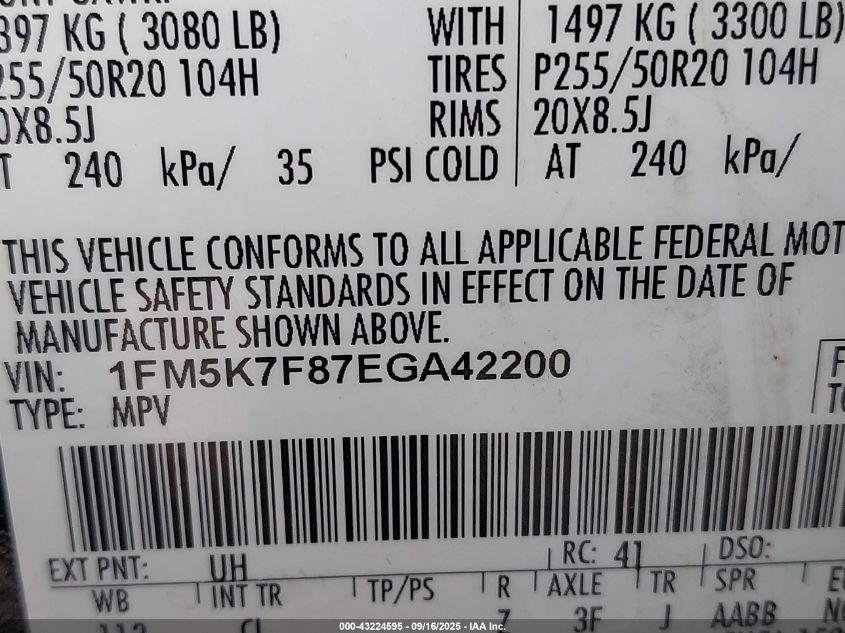 2014 Ford Explorer Limited VIN: 1FM5K7F87EGA42200 Lot: 43224595