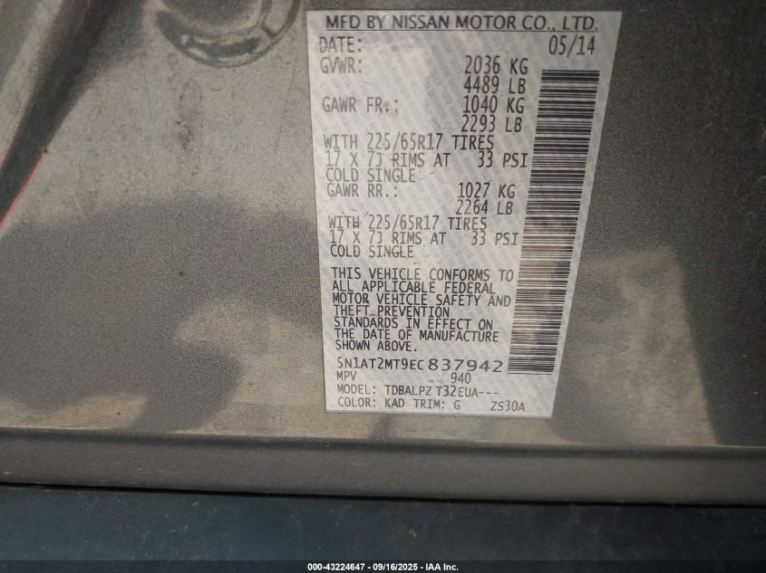 2014 Nissan Rogue S VIN: 5N1AT2MT9EC837942 Lot: 43224647