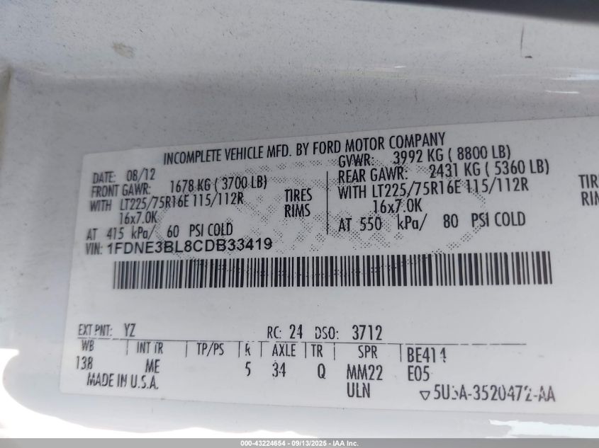 2012 Ford E-350 Super Duty Xlt VIN: 1FDNE3BL8CDB33419 Lot: 43224654