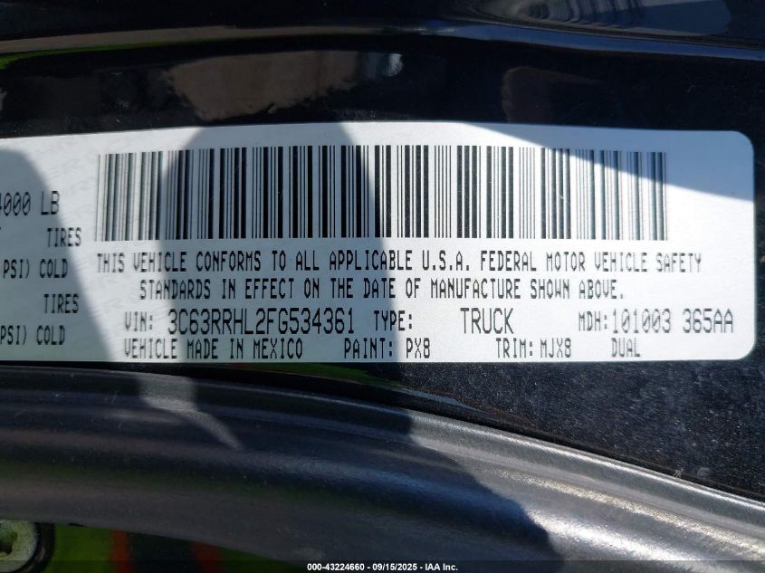 2015 Ram 3500 Big Horn VIN: 3C63RRHL2FG534361 Lot: 43224660