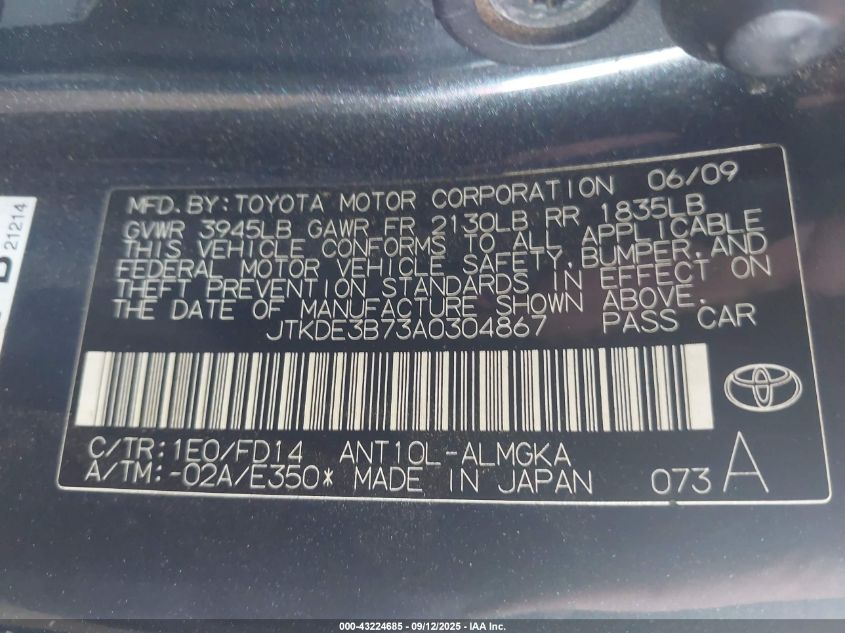 2010 Scion Tc VIN: JTKDE3B73A0304867 Lot: 43224685