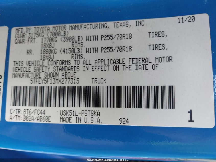 2021 Toyota Tundra Sr5 VIN: 5TFEY5F13MX277315 Lot: 43224697