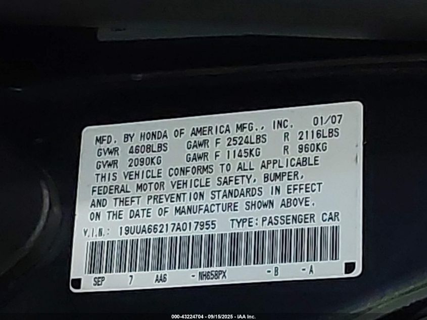 2007 Acura Tl 3.2 VIN: 19UUA66217A017955 Lot: 43224704