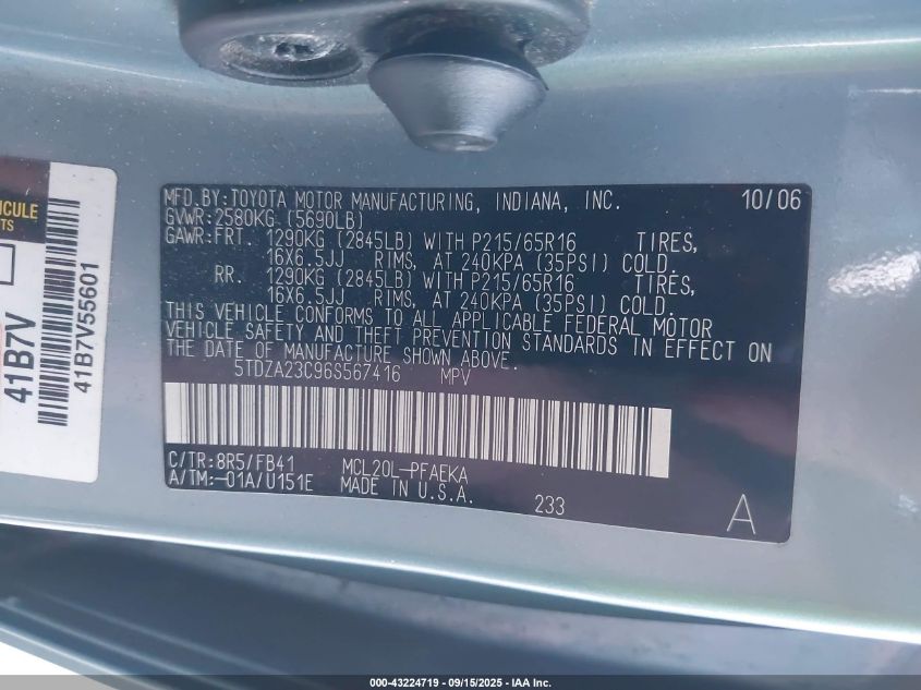 2006 Toyota Sienna Ce VIN: 5TDZA23C96S567416 Lot: 43224719