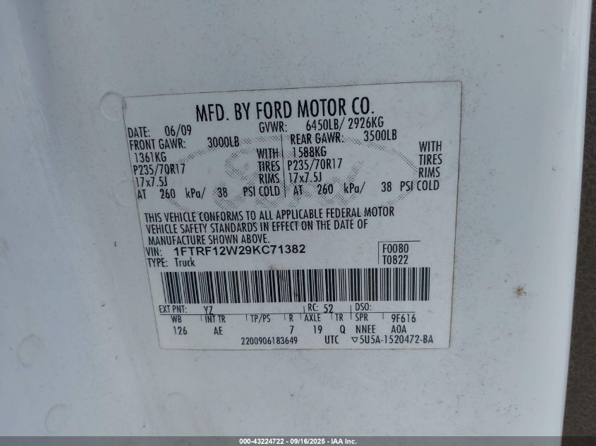 2009 Ford F-150 Stx/Xl/Xlt VIN: 1FTRF12W29KC71382 Lot: 43224722