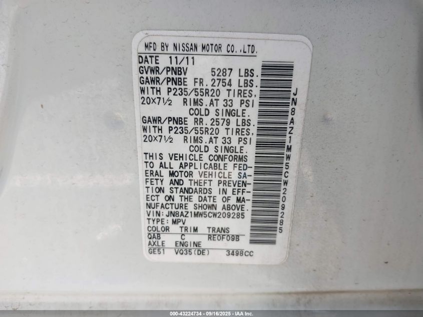 2012 Nissan Murano Le VIN: JN8AZ1MW5CW209285 Lot: 43224734