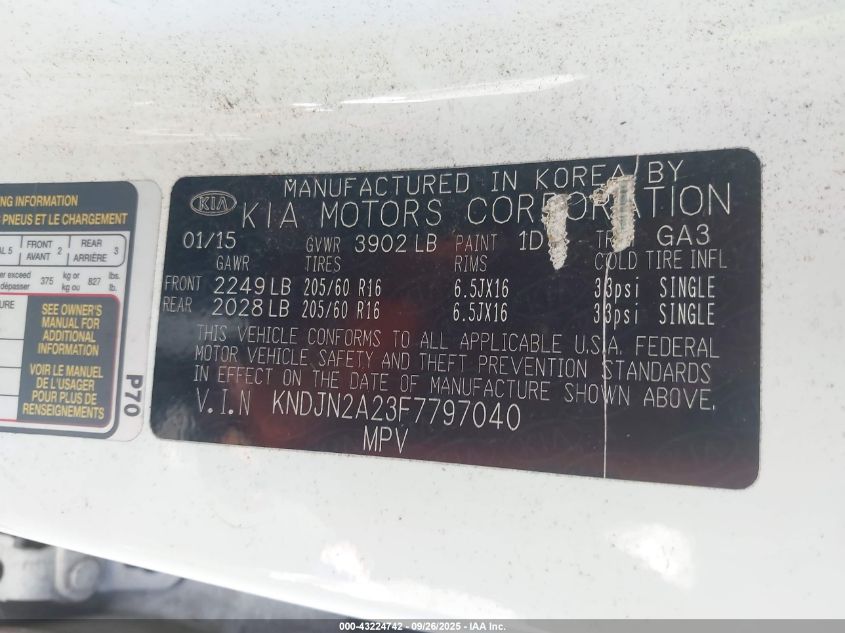 2015 Kia Soul VIN: KNDJN2A23F7797040 Lot: 43224742