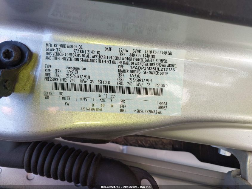 2017 Ford Focus Sel VIN: 1FADP3M26HL212136 Lot: 43224755