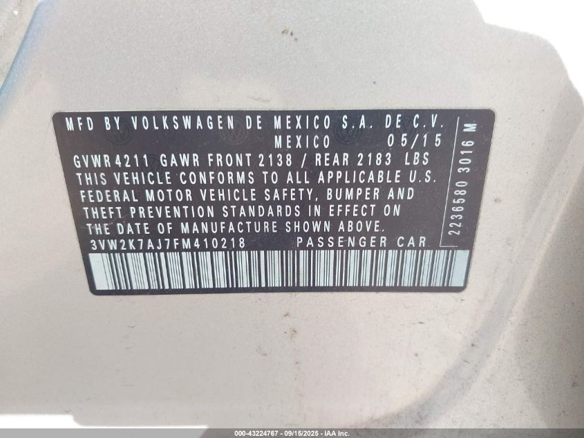 2015 Volkswagen Jetta 2.0L S VIN: 3VW2K7AJ7FM410218 Lot: 43224767