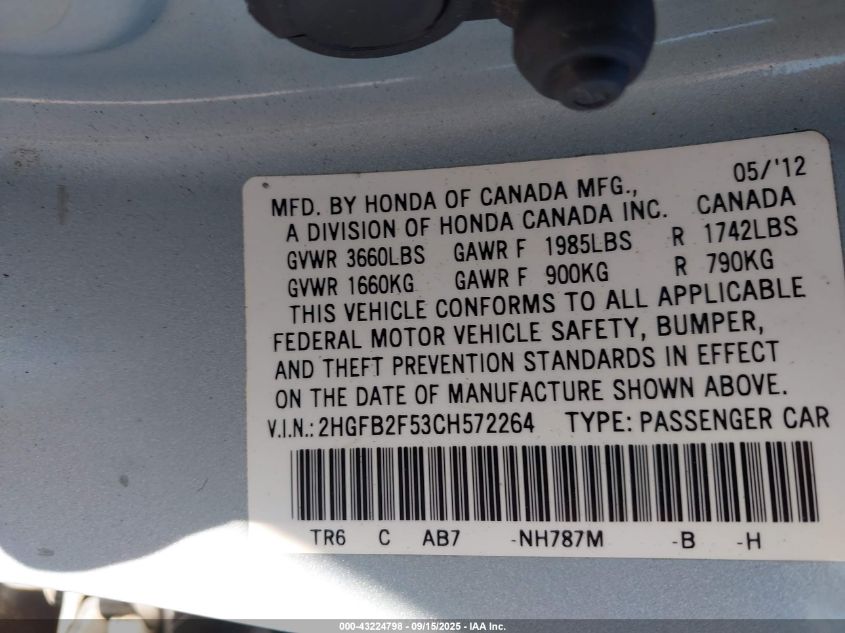 2012 Honda Civic Lx VIN: 2HGFB2F53CH572264 Lot: 43224798