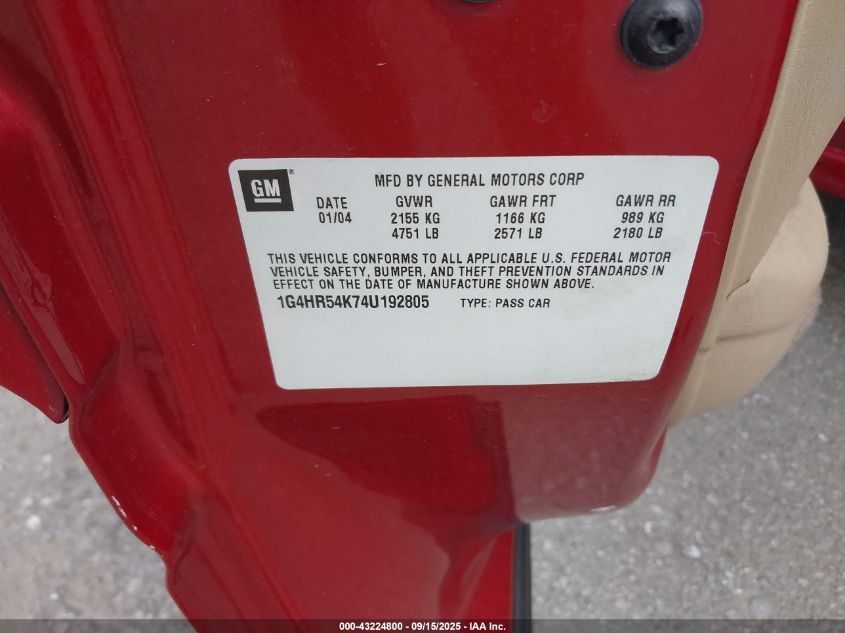 2004 Buick Lesabre Limited VIN: 1G4HR54K74U192805 Lot: 43224800