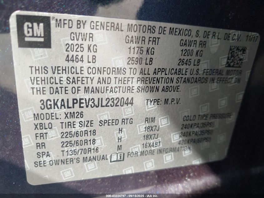 2018 GMC Terrain Slt VIN: 3GKALPEV3JL232044 Lot: 43224797