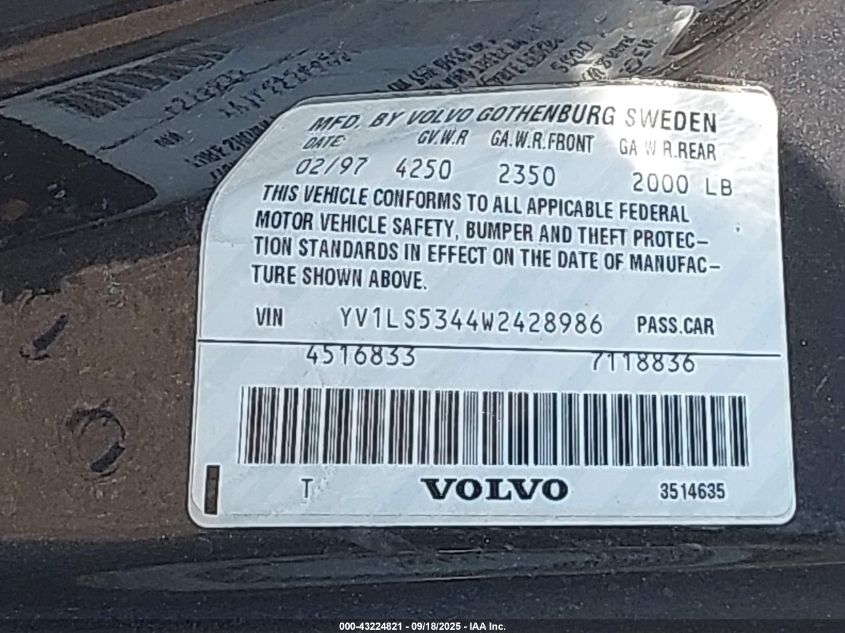 1998 Volvo S70 T5 VIN: YV1LS5344W2428986 Lot: 43224821