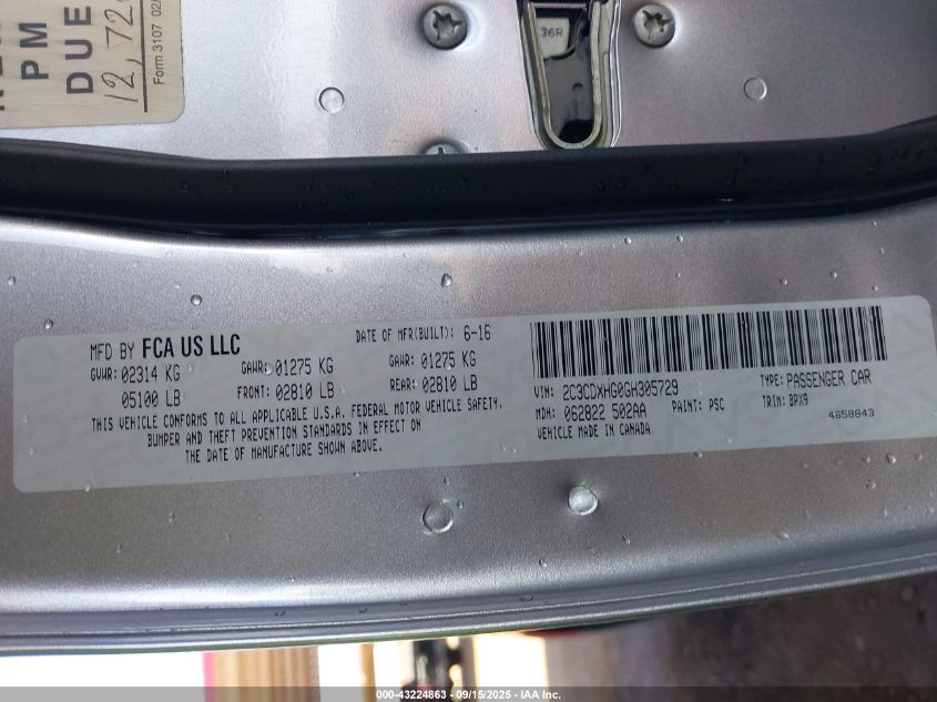 2016 Dodge Charger Sxt VIN: 2C3CDXHG0GH305729 Lot: 43224863