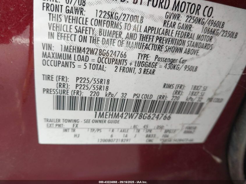 2008 Mercury Sable Premier VIN: 1MEHM42W78G624766 Lot: 43224868