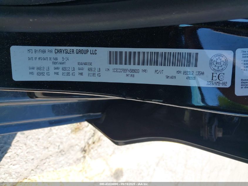 2015 Chrysler 200 Lx VIN: 1C3CCCFB9FN589693 Lot: 43224880