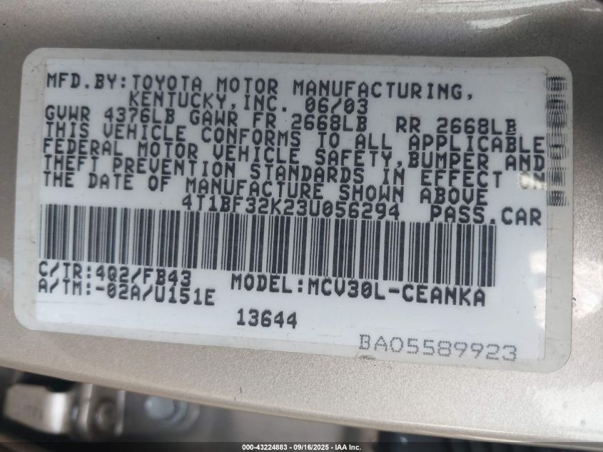 2003 Toyota Camry Le V6 VIN: 4T1BF32K23U056294 Lot: 43224883