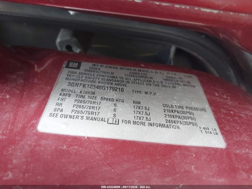 2008 Chevrolet Avalanche 1500 Lt VIN: 3GNFK12348G179210 Lot: 43224899