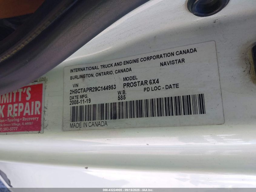 2009 International Prostar VIN: 2HSCTAPR29C144953 Lot: 43224905