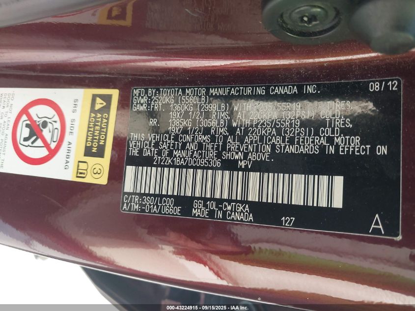 2013 Lexus Rx 350 VIN: 2T2ZK1BA7DC095306 Lot: 43224915