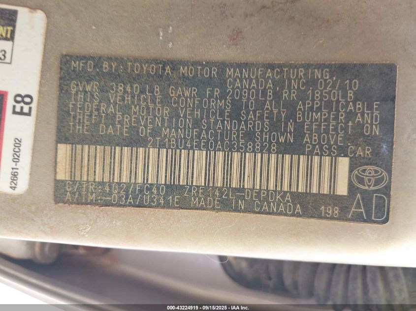 2010 Toyota Corolla Le VIN: 2T1BU4EE0AC358828 Lot: 43224919