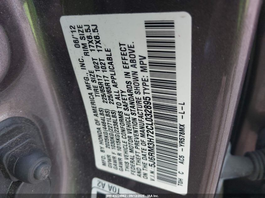 2012 Honda Cr-V Ex-L VIN: 5J6RM3H72CL032895 Lot: 43224962