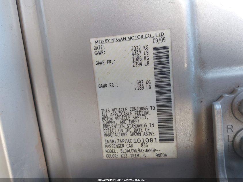 2010 Nissan Altima 3.5 Sr VIN: 1N4BL2AP7AC101081 Lot: 43224971