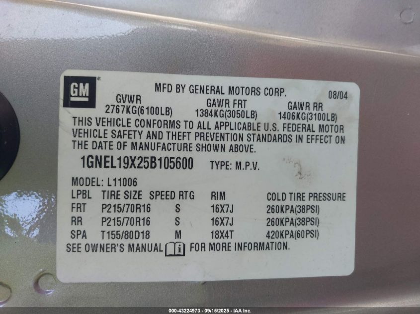 2005 Chevrolet Astro VIN: 1GNEL19X25B105600 Lot: 43224973