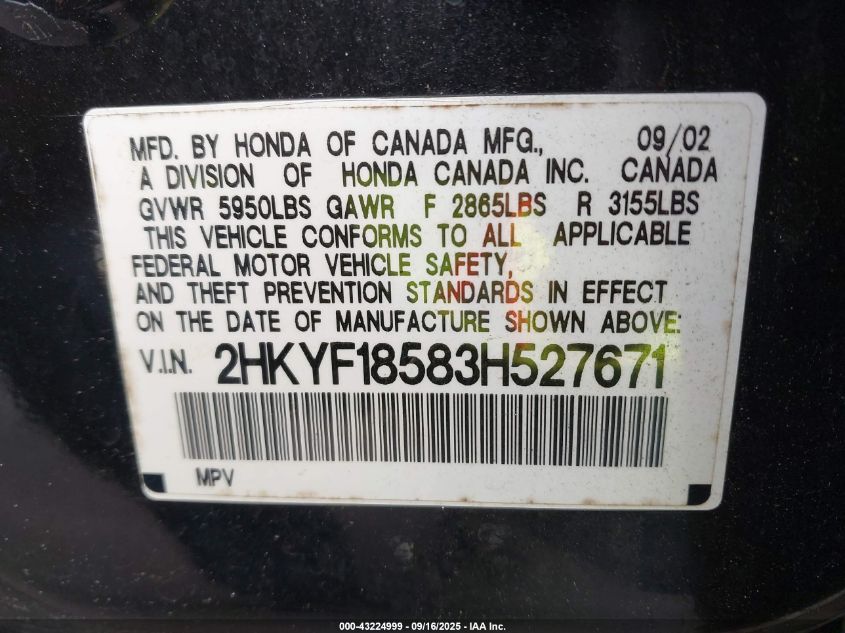 2003 Honda Pilot Ex-L VIN: 2HKYF18583H527671 Lot: 43224999
