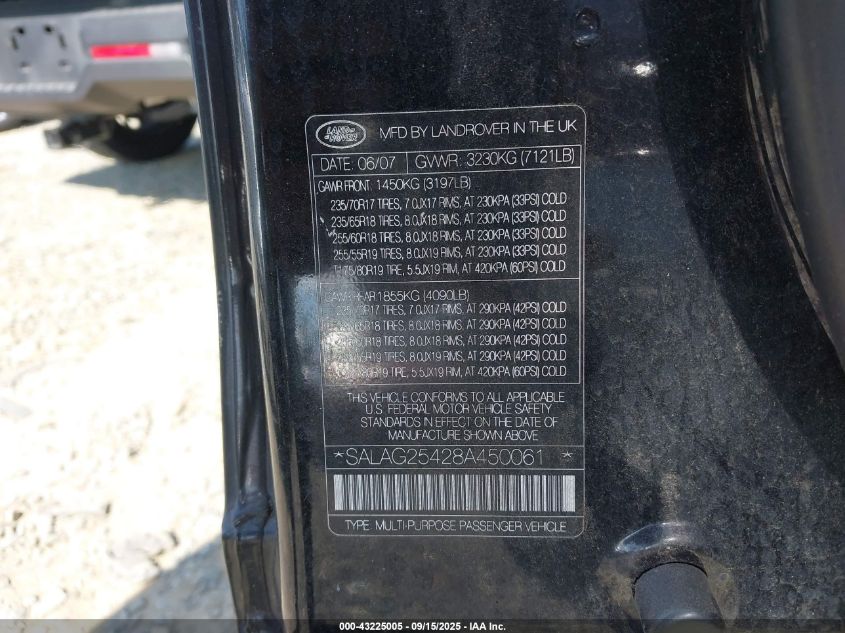 2008 Land Rover Lr3 V8 Hse VIN: SALAG25428A450061 Lot: 43225005