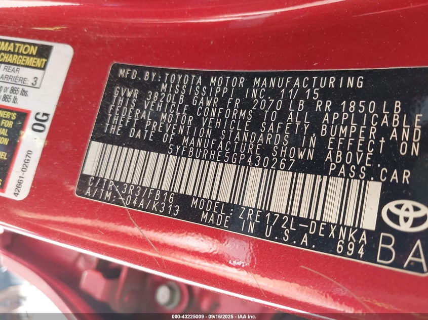 2016 Toyota Corolla Le VIN: 5YFBURHE5GP430267 Lot: 43225009