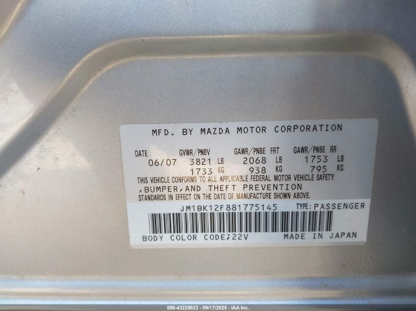 2008 Mazda Mazda3 I Sport VIN: JM1BK12F881775145 Lot: 43225023